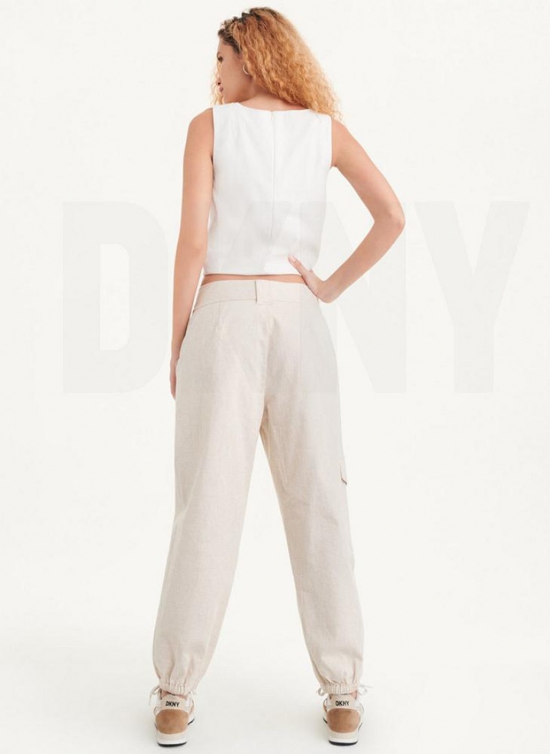Beige DKNY Linen Women's Pants | USA-D0905
