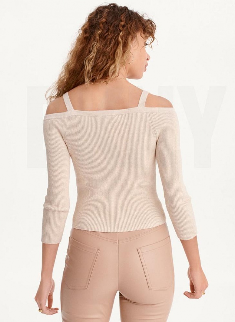 Beige DKNY Long Sleeve Cold Shoulder Women's Sweaters | USA-D1422