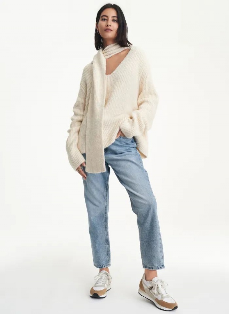 Beige DKNY Long Sleeve Scarf Women's Sweaters | USA-D0596