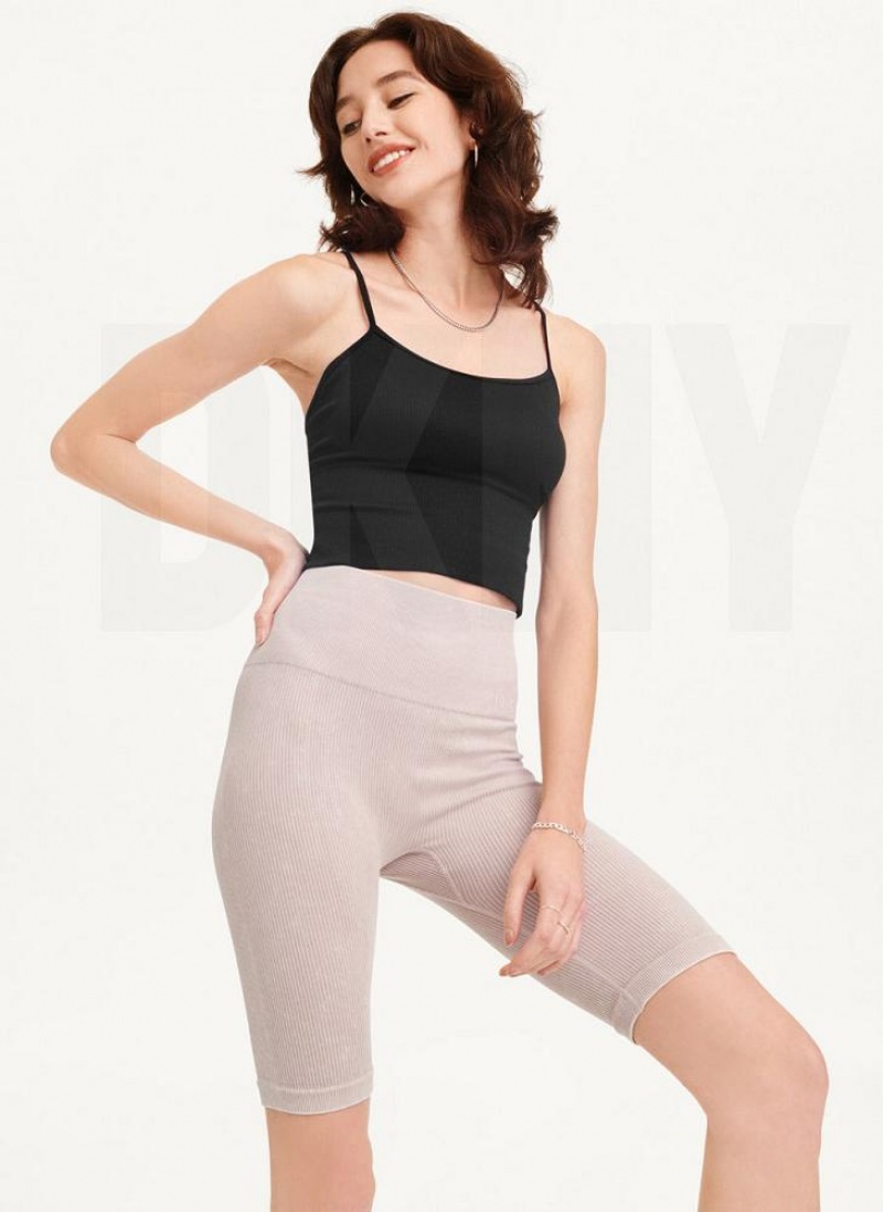 Beige DKNY Rib Knit Biker Women's Shorts | USA-D0799