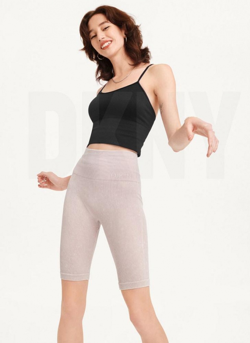 Beige DKNY Rib Knit Biker Women's Shorts | USA-D0799