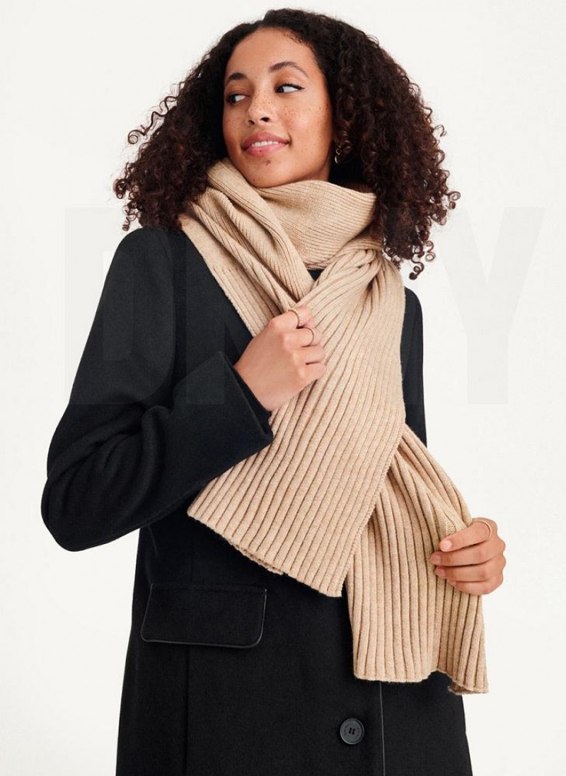 Beige DKNY Rib Knit Oblong Women's Scarf | USA-D1693