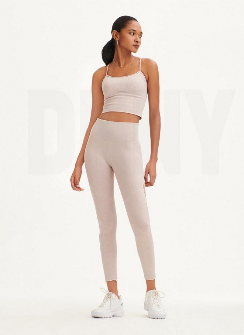 Beige DKNY Rib Knit Seamless Crop Women's Tank Tops | USA-D0931