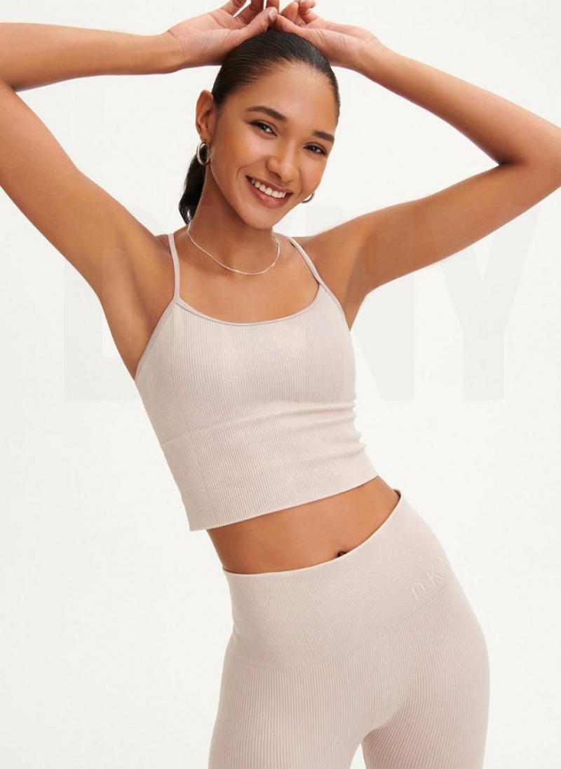 Beige DKNY Rib Knit Seamless Crop Women's Tank Tops | USA-D0931