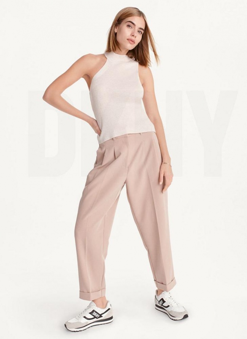 Beige DKNY Sleeveless Mock Neck Women's Sweaters | USA-D1451