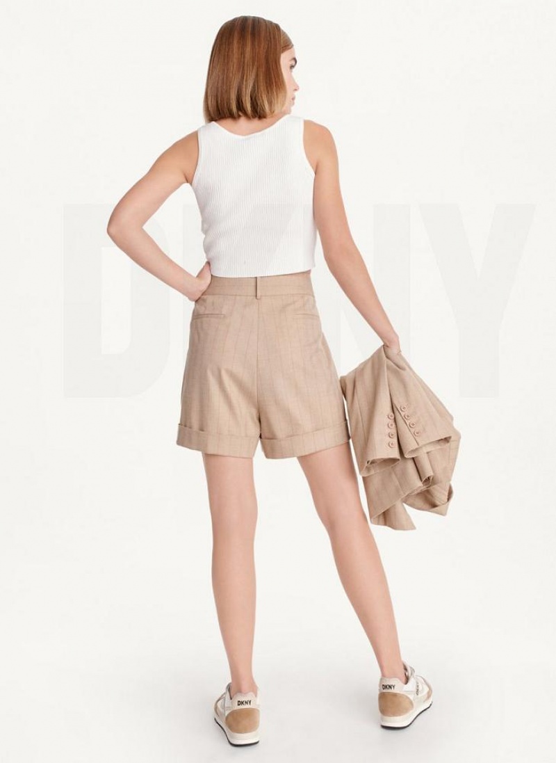 Beige DKNY Striped Women's Shorts | USA-D0135