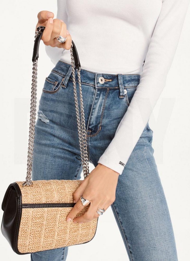 Beige / Black DKNY Sina Basketweave Flap Bags Shoulder Bags | USA-D1177