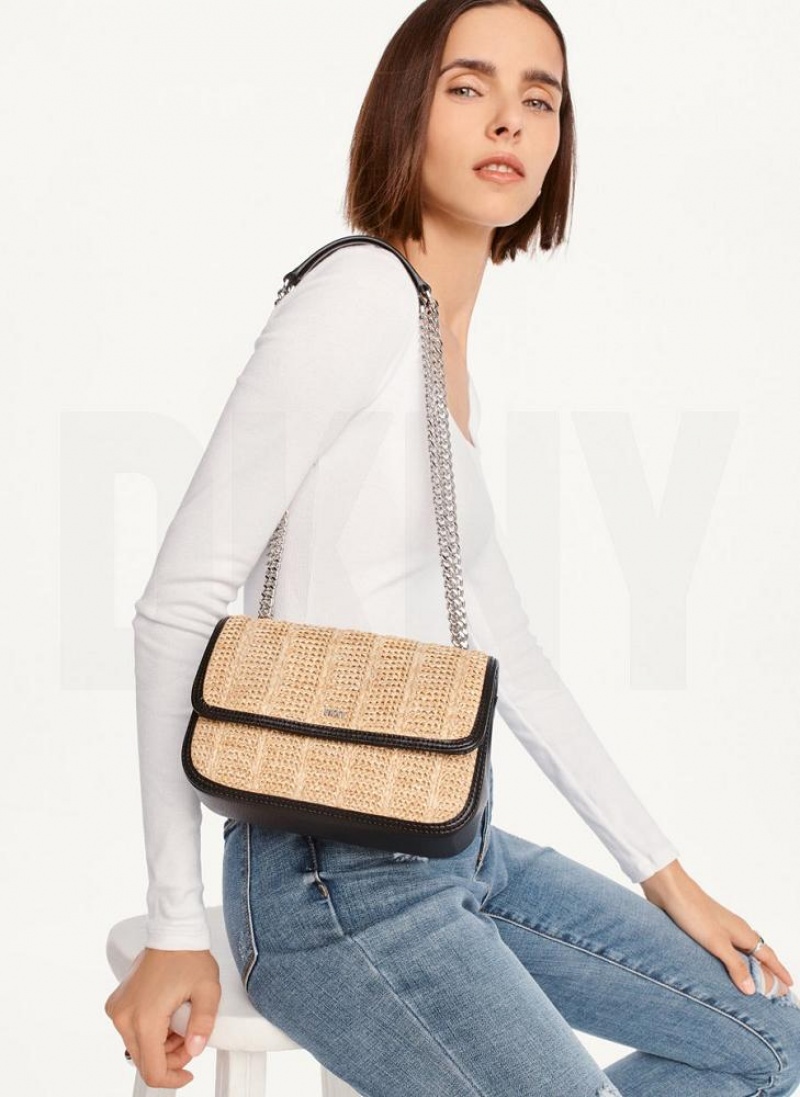 Beige / Black DKNY Sina Basketweave Flap Bags Shoulder Bags | USA-D1177