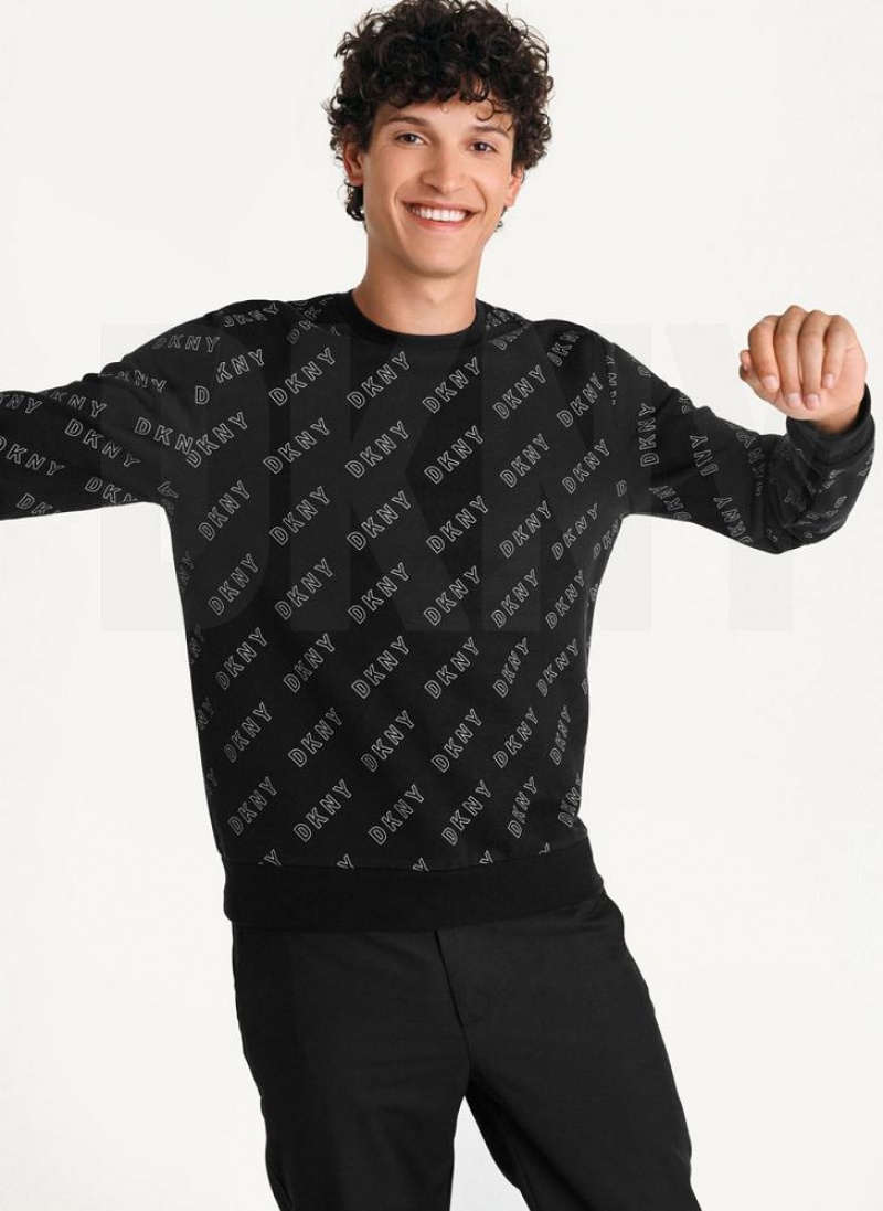 Black DKNY All Over Logo French Terrycrewneck Men's Sweatshirts | USA-D1135