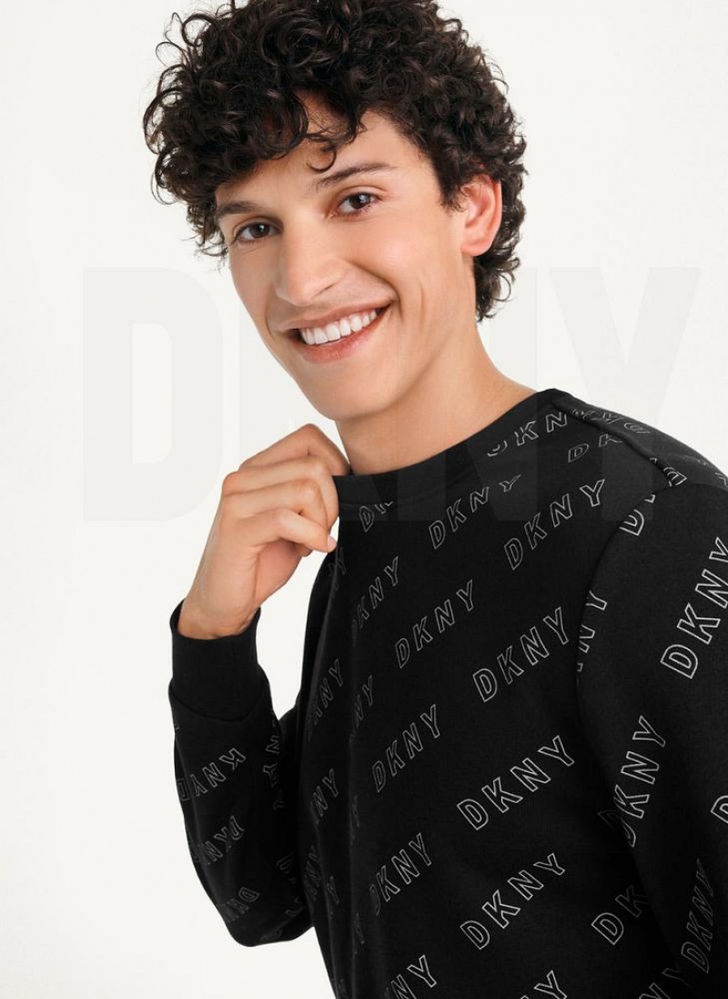 Black DKNY All Over Logo French Terrycrewneck Men's Sweatshirts | USA-D1135