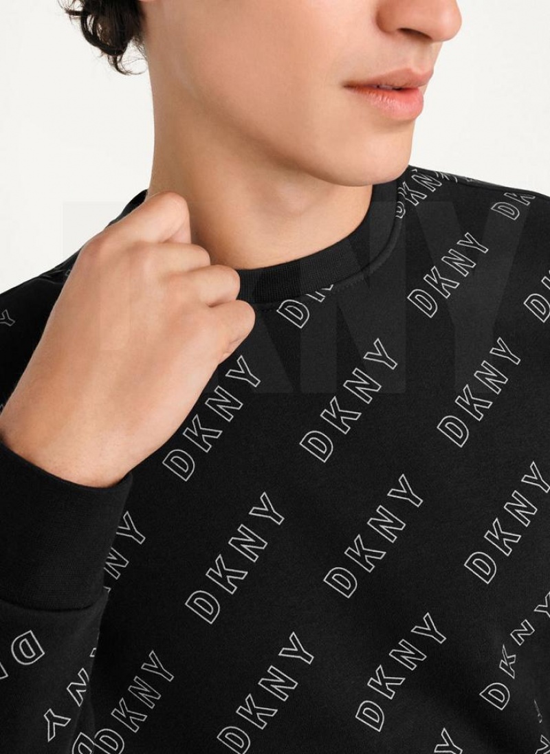 Black DKNY All Over Logo French Terrycrewneck Men's Sweatshirts | USA-D1135