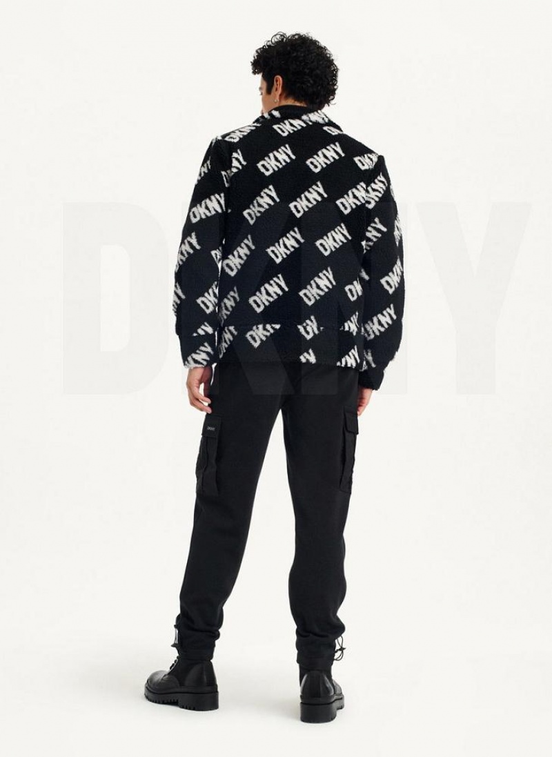 Black DKNY All Over Logo Sherpa Men's Jackets | USA-D0568