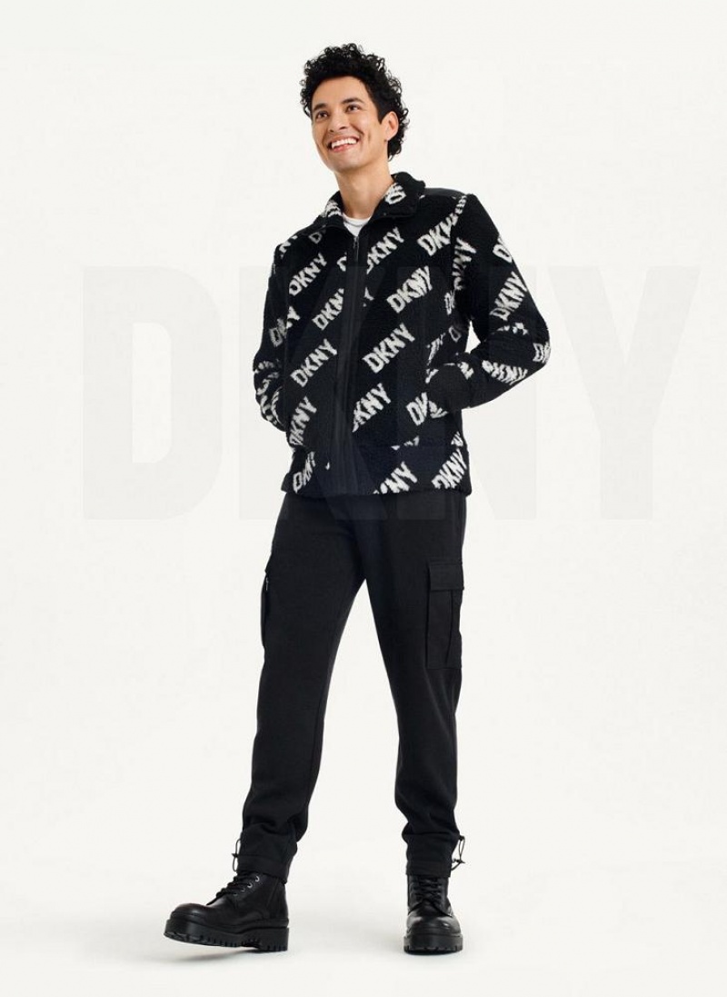 Black DKNY All Over Logo Sherpa Men's Jackets | USA-D0568