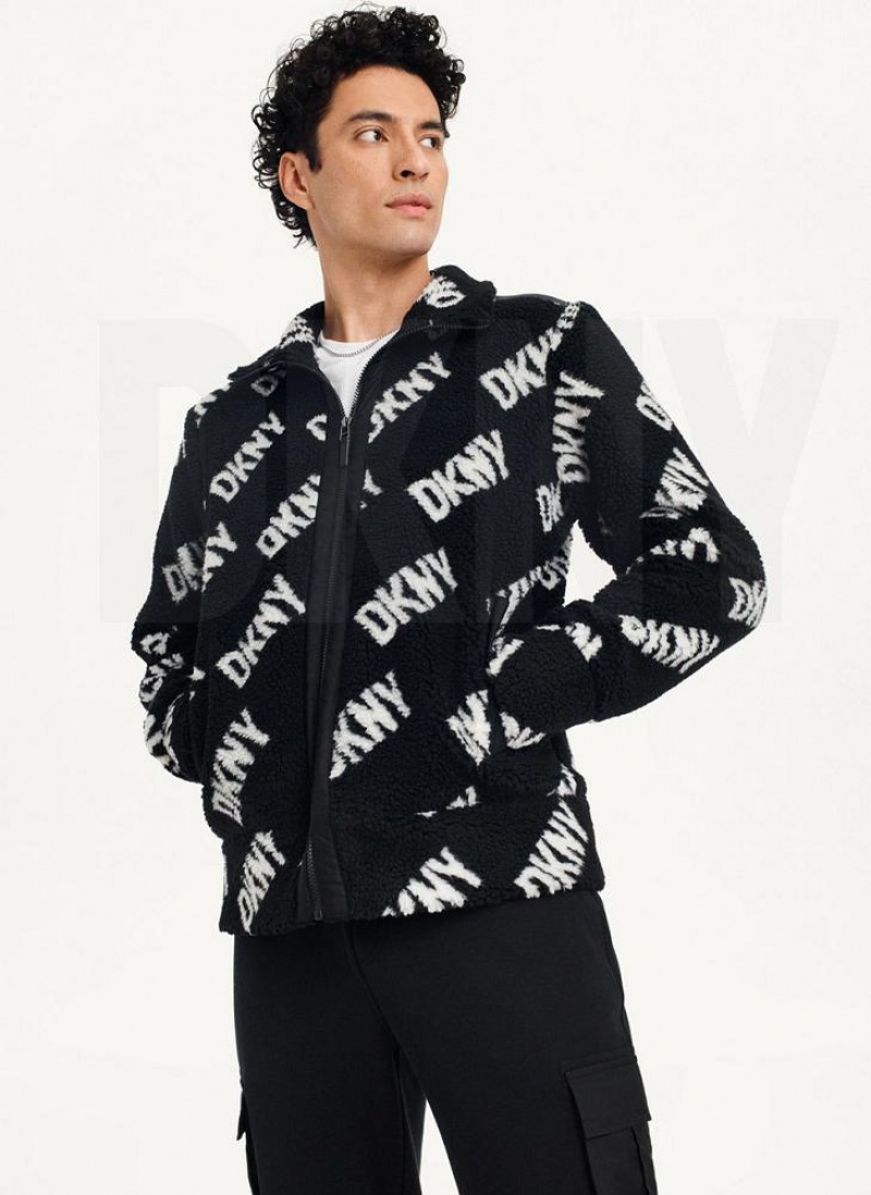 Black DKNY All Over Logo Sherpa Men's Jackets | USA-D0568
