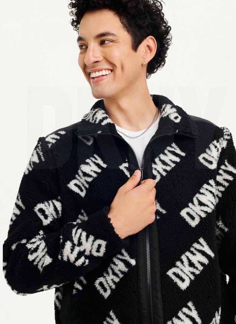 Black DKNY All Over Logo Sherpa Men's Jackets | USA-D0568
