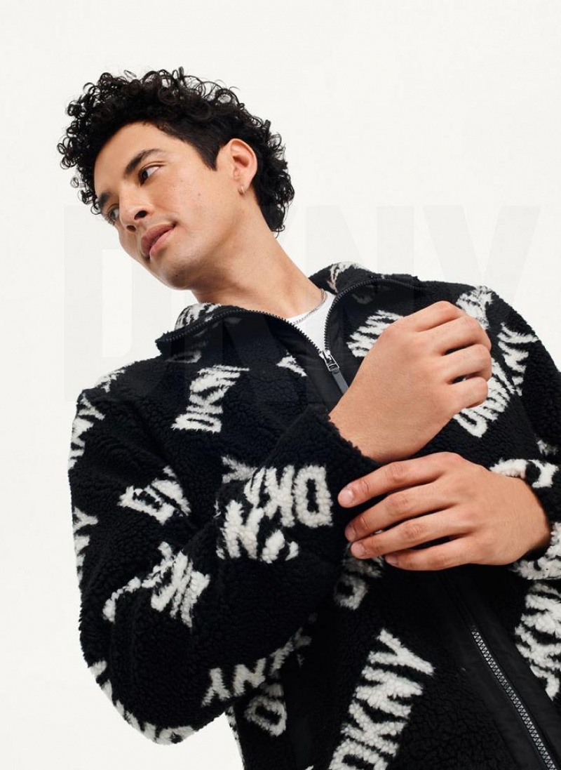 Black DKNY All Over Logo Sherpa Men's Jackets | USA-D0568