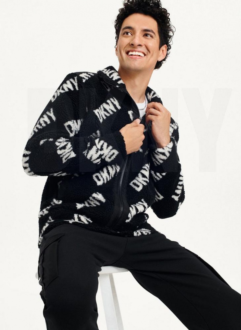 Black DKNY All Over Logo Sherpa Men\'s Jackets | USA-D0568