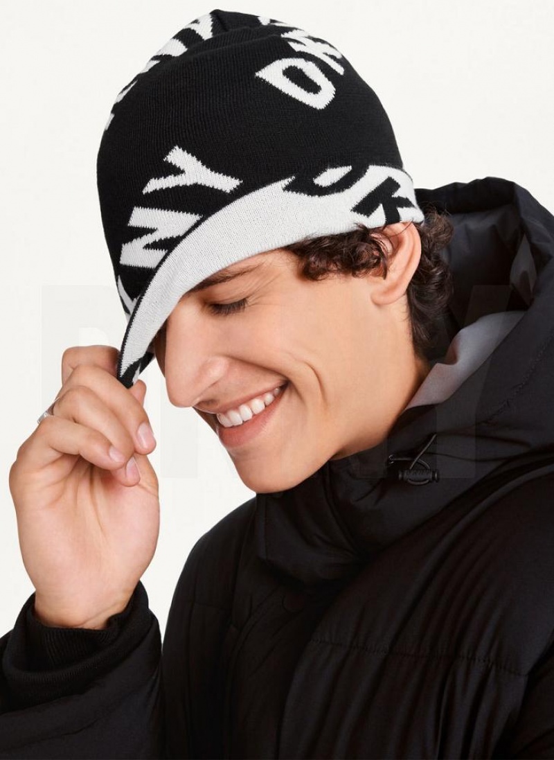 Black DKNY Allover Logo Men's Beanie | USA-D0899