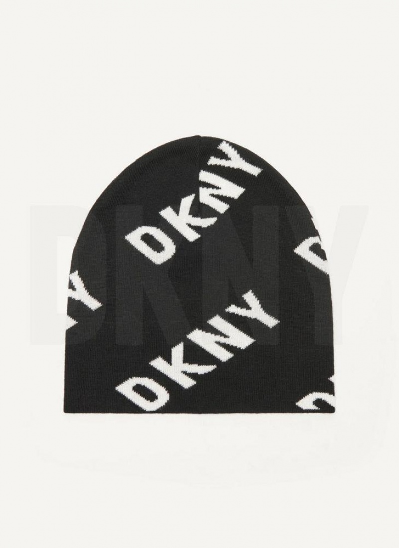 Black DKNY Allover Logo Men's Beanie | USA-D0899