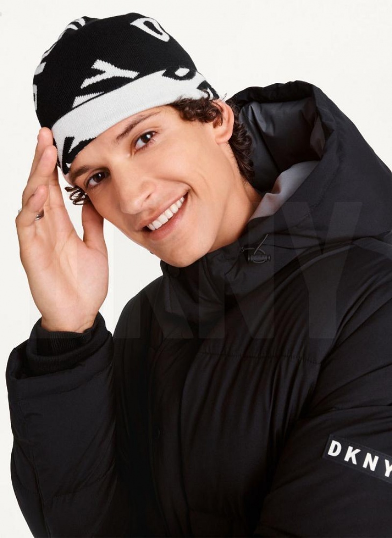 Black DKNY Allover Logo Men\'s Beanie | USA-D0899