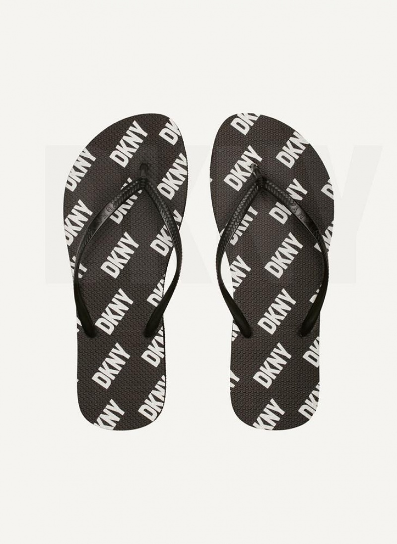 Black DKNY Allover Logo Men\'s Flip Flops | USA-D0763