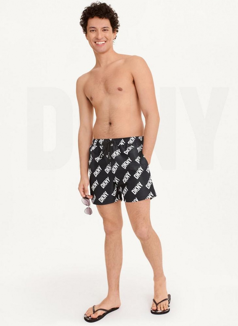 Black DKNY Allover Logo Swims Men's Shorts | USA-D0983