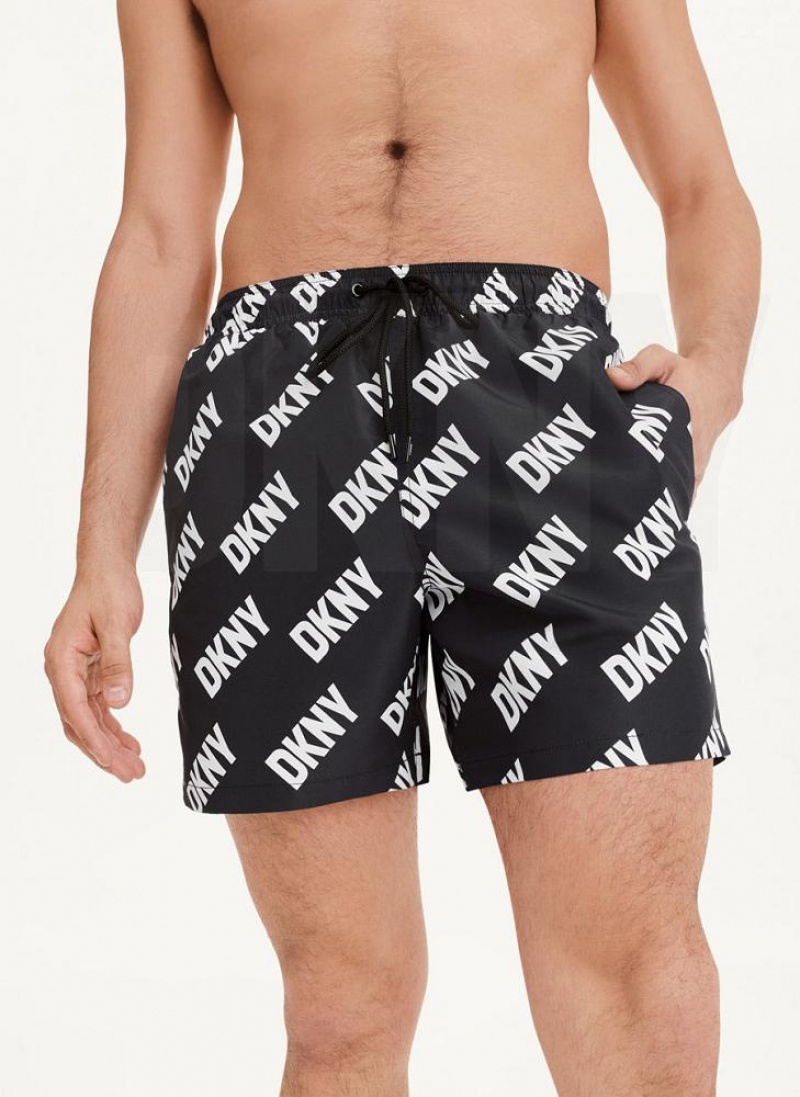 Black DKNY Allover Logo Swims Men\'s Shorts | USA-D0983
