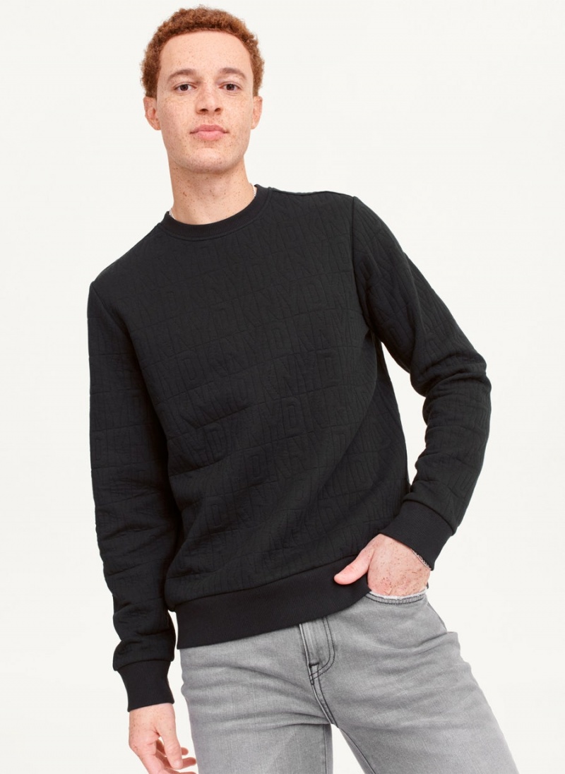 Black DKNY Allover Quilted Logo Crew Men\'s Sweatshirts | USA-D1696