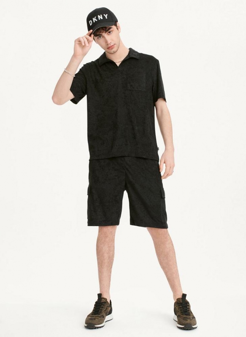 Black DKNY Blend Toweling Short Sleeve Knit Men's Shirts | USA-D0497