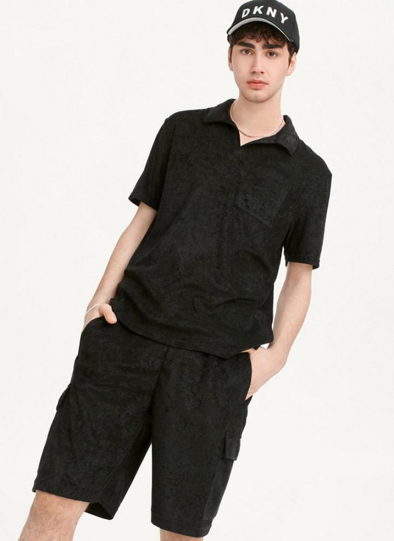 Black DKNY Blend Toweling Short Sleeve Knit Men's Shirts | USA-D0497