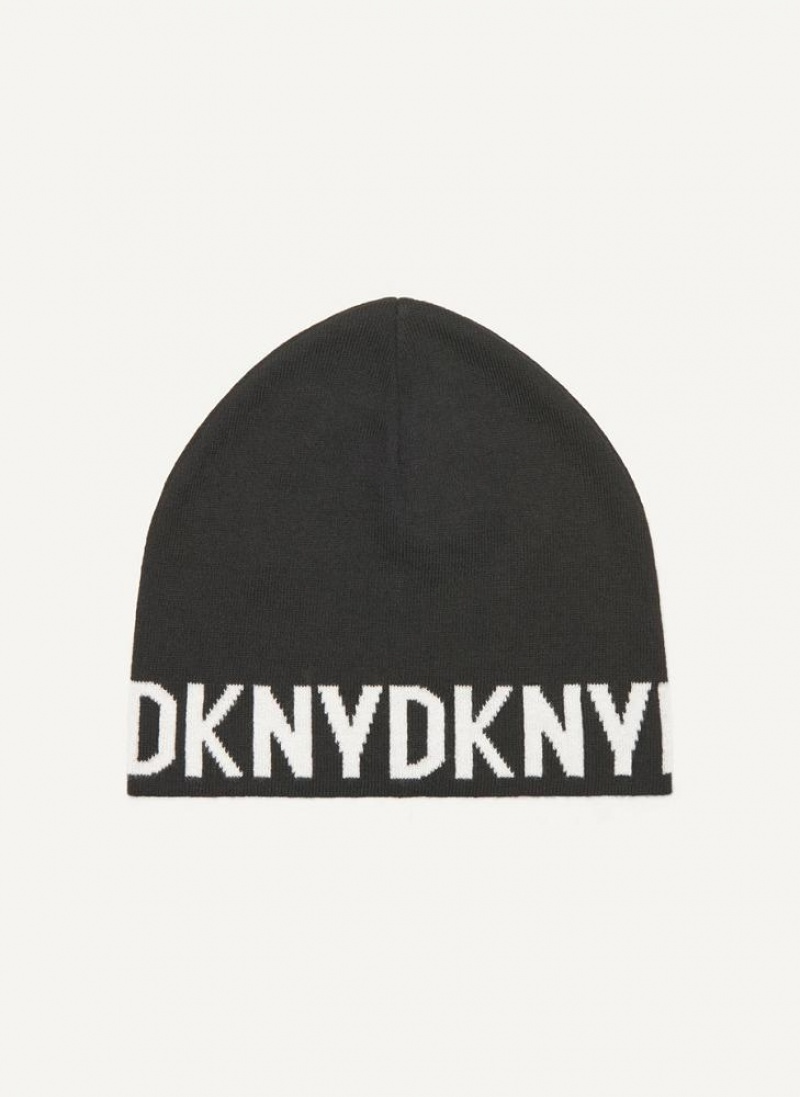 Black DKNY Brim Logo Men's Beanie | USA-D1982