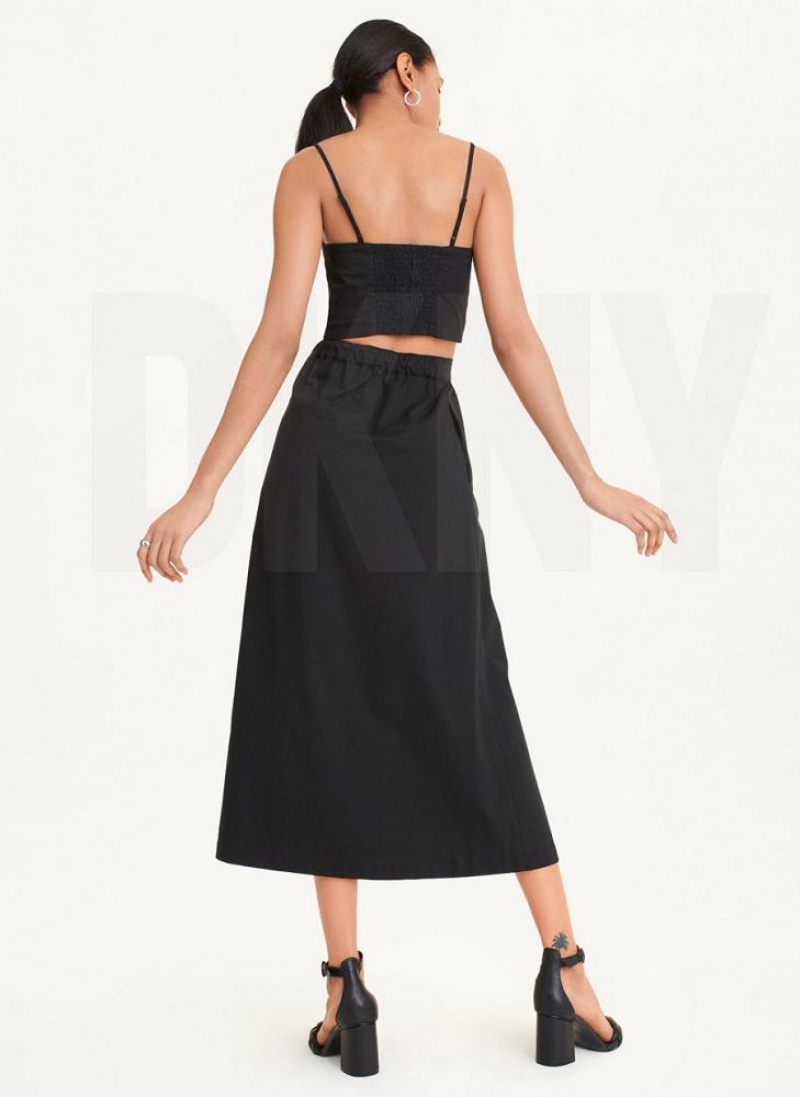Black DKNY Button Front Poplin Women's Skirts | USA-D1442