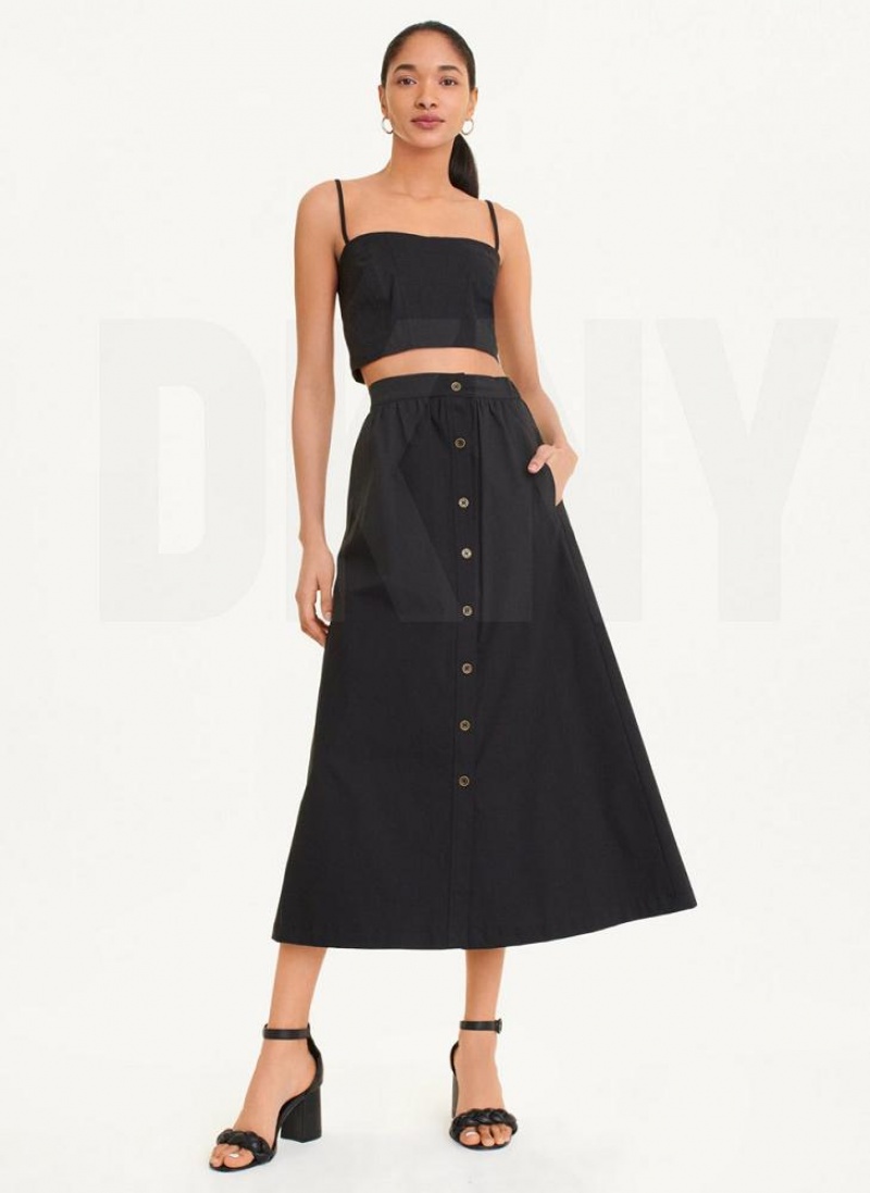 Black DKNY Button Front Poplin Women's Skirts | USA-D1442
