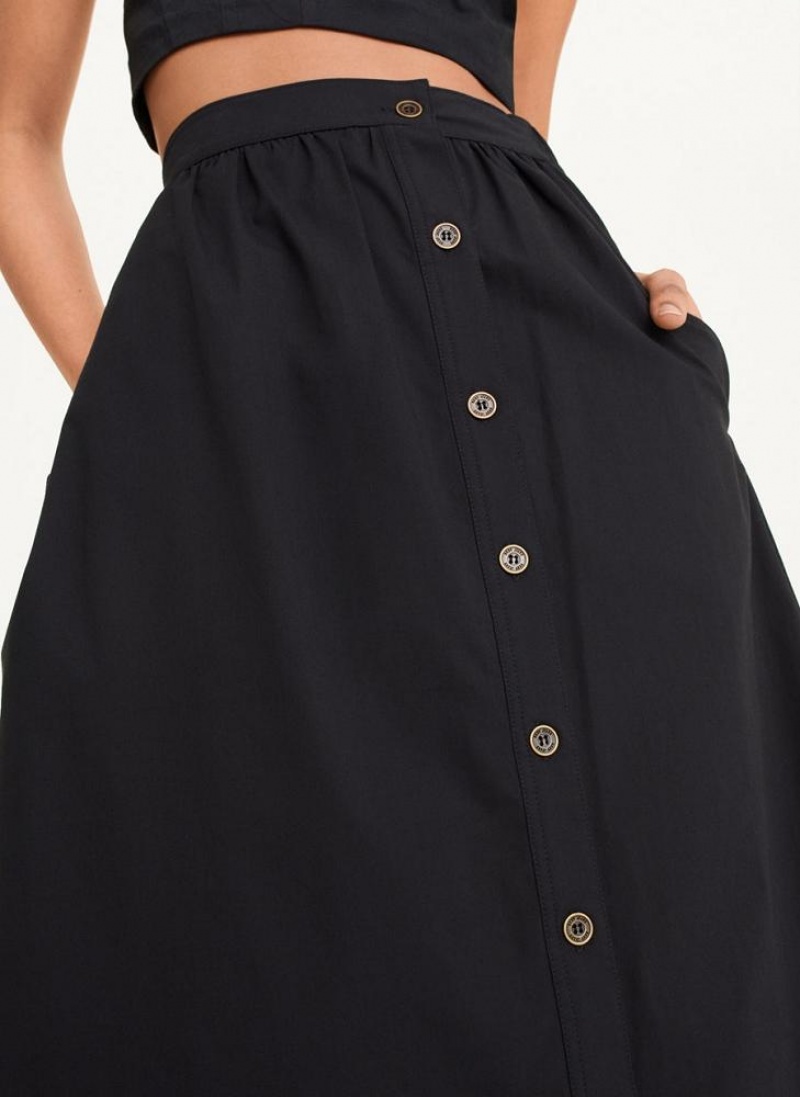 Black DKNY Button Front Poplin Women's Skirts | USA-D1442