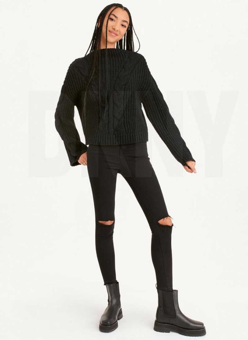 Black DKNY Cable Knit Women's Sweaters | USA-D0441