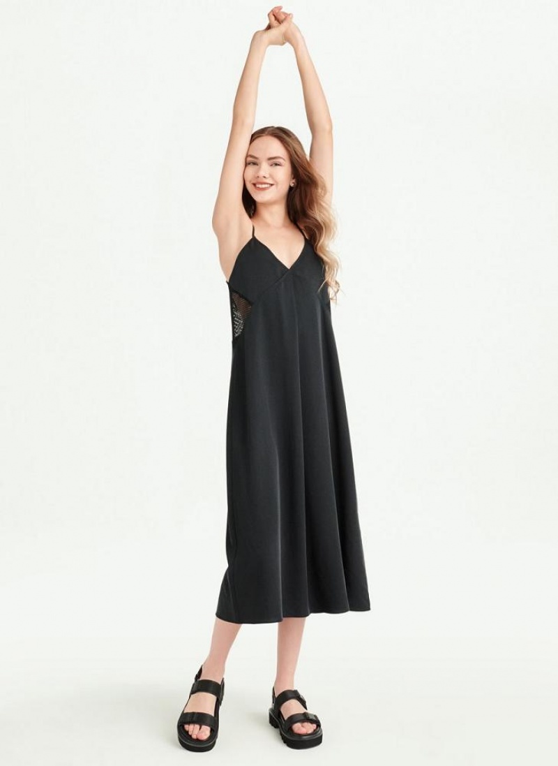 Black DKNY Cami Mixed Media Women's Dresses | USA-D0810