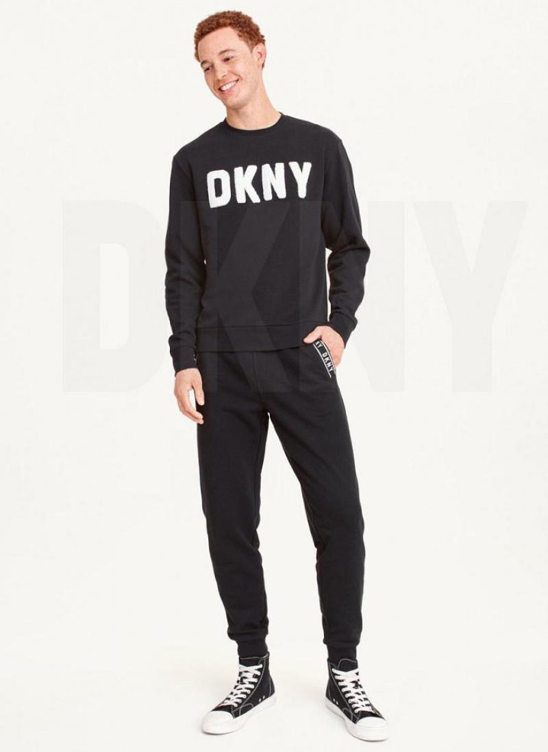 Black DKNY Chenille Logo Crewneck Men's Sweatshirts | USA-D0700
