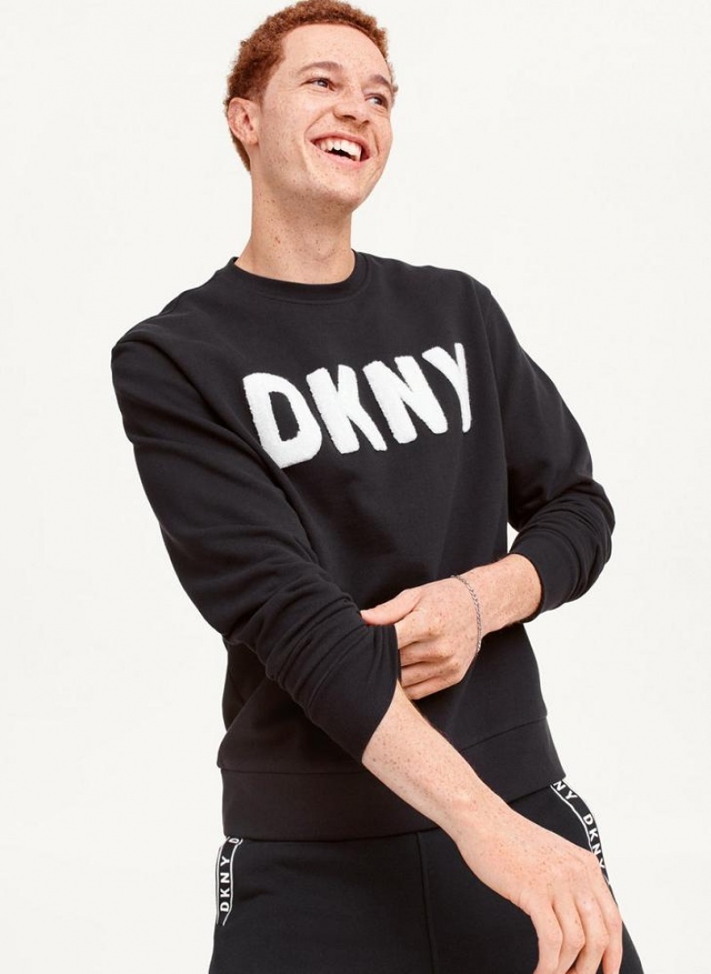 Black DKNY Chenille Logo Crewneck Men\'s Sweatshirts | USA-D0700