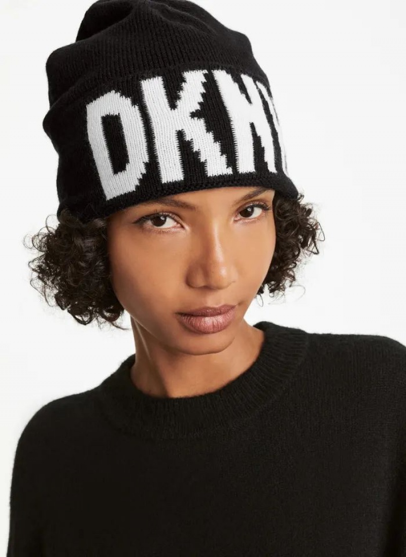 Black DKNY Classic Logo Women\'s Beanie | USA-D1524