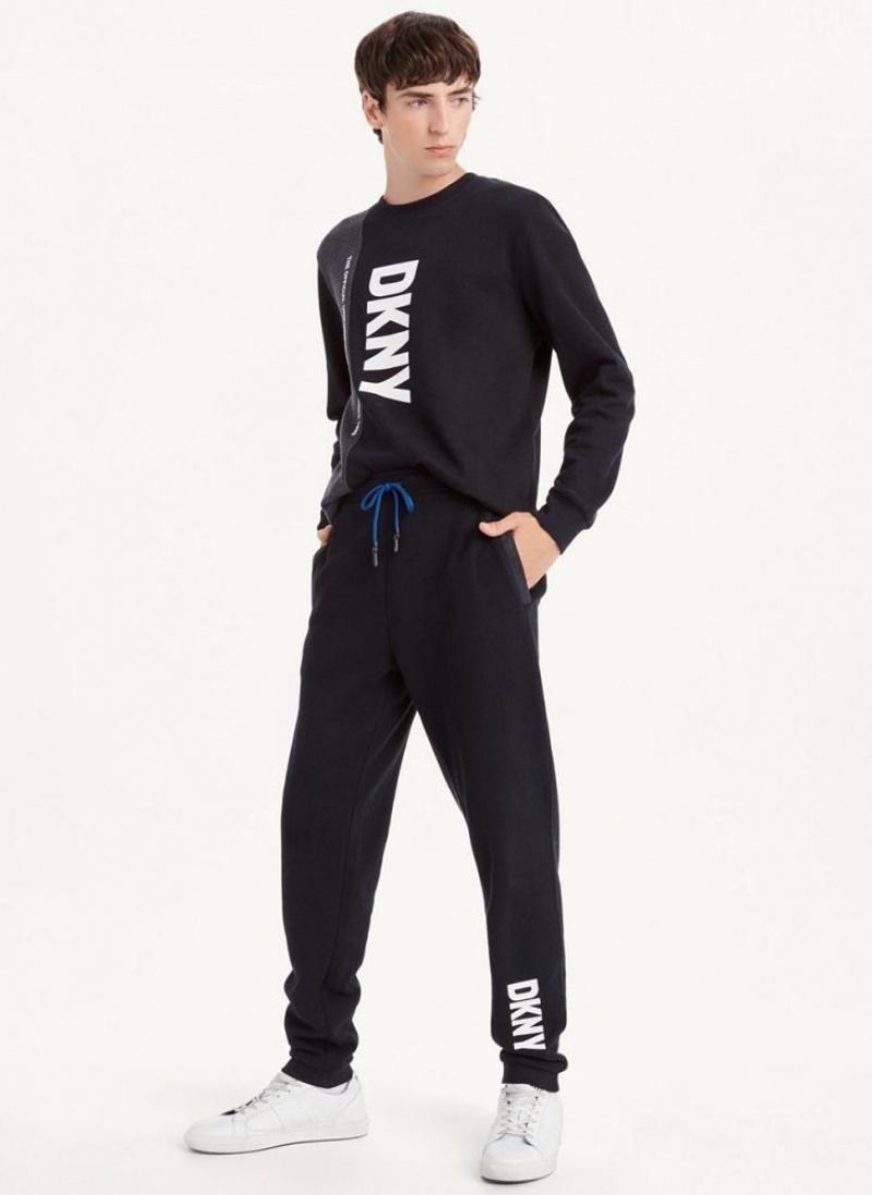 Black DKNY Colorblock Logo Fleece Men's Pants | USA-D1542