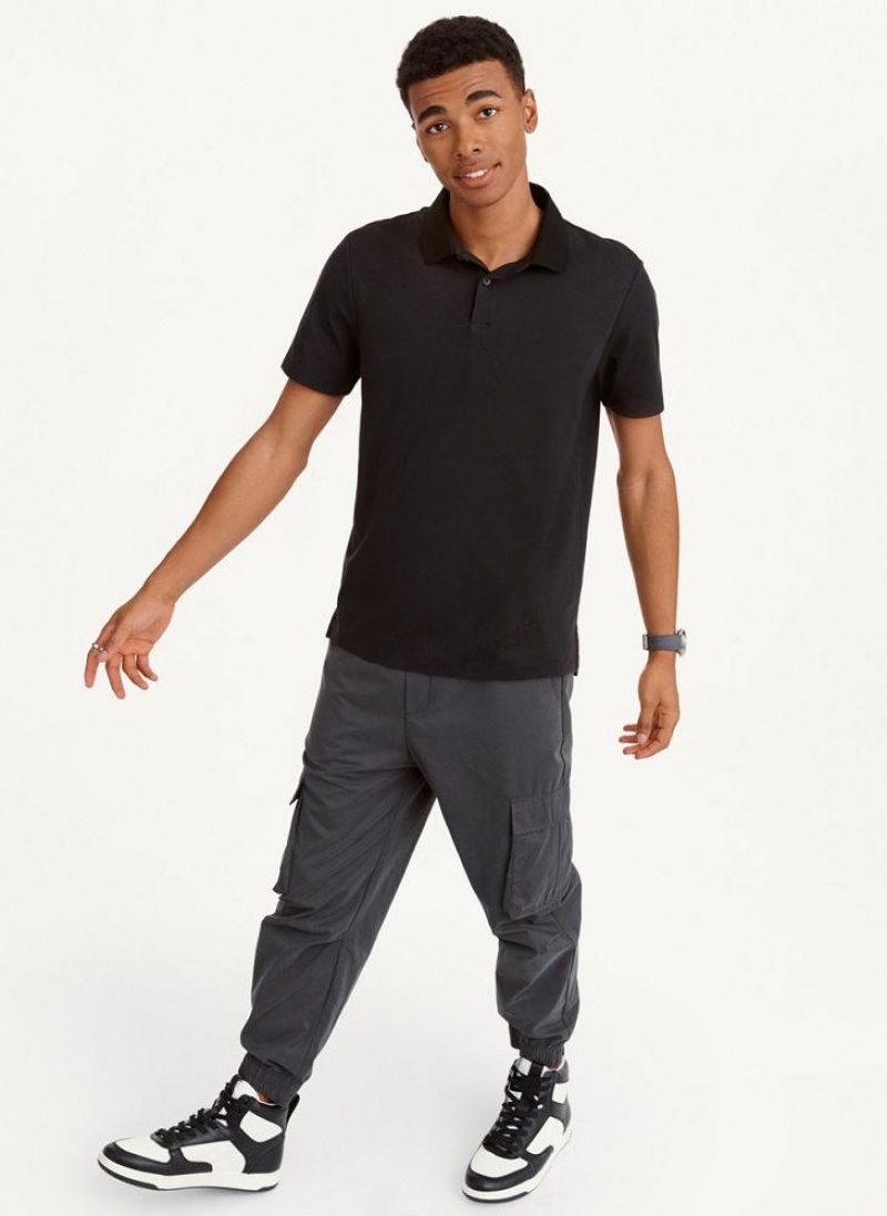 Black DKNY Core Pima Cotton Pique Men's Polo Shirts | USA-D0341