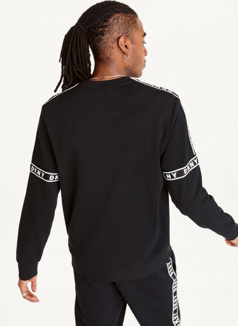 Black DKNY Cotton French Terry Hockey Crewneck Men's Sweatshirts | USA-D1318