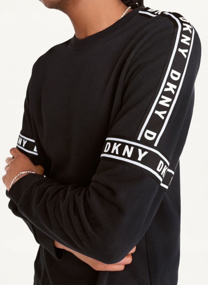Black DKNY Cotton French Terry Hockey Crewneck Men's Sweatshirts | USA-D1318