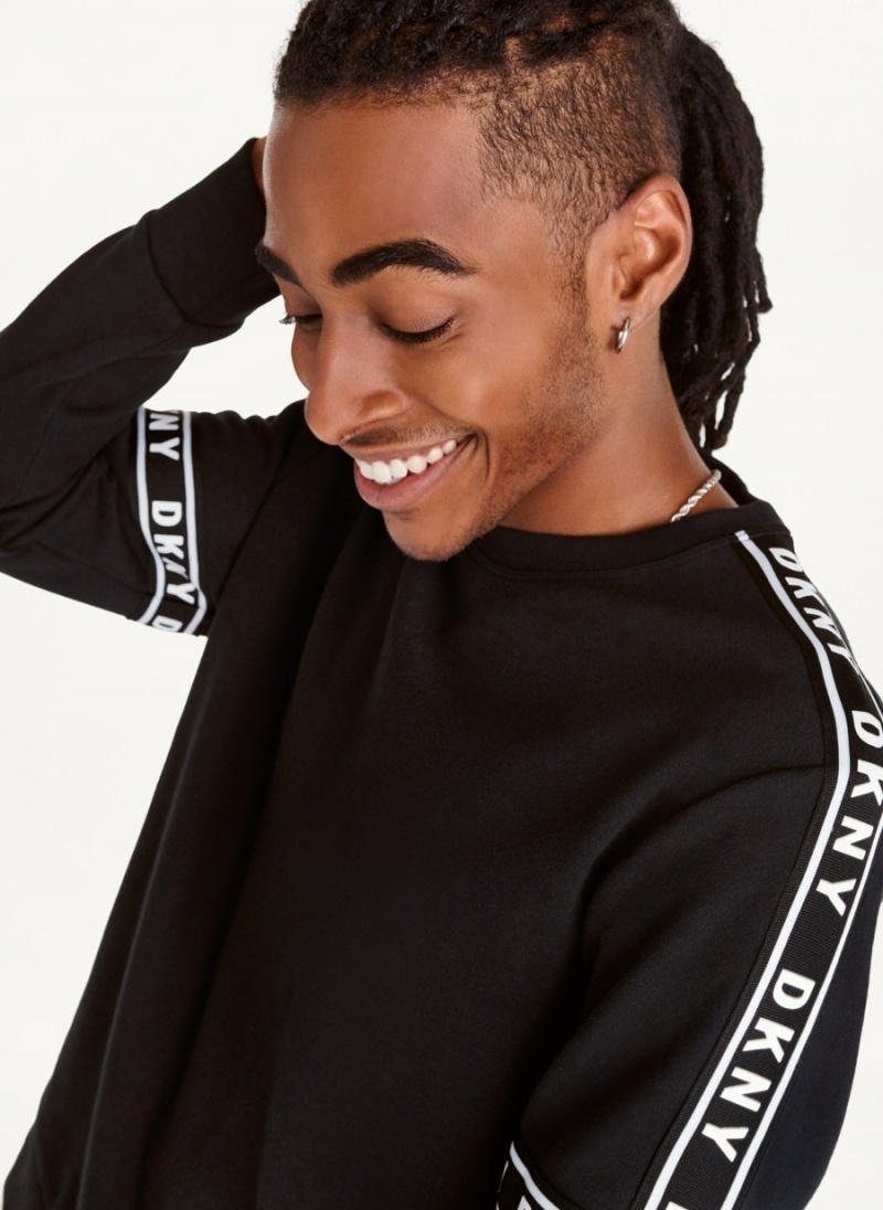 Black DKNY Cotton French Terry Hockey Crewneck Men's Sweatshirts | USA-D1318
