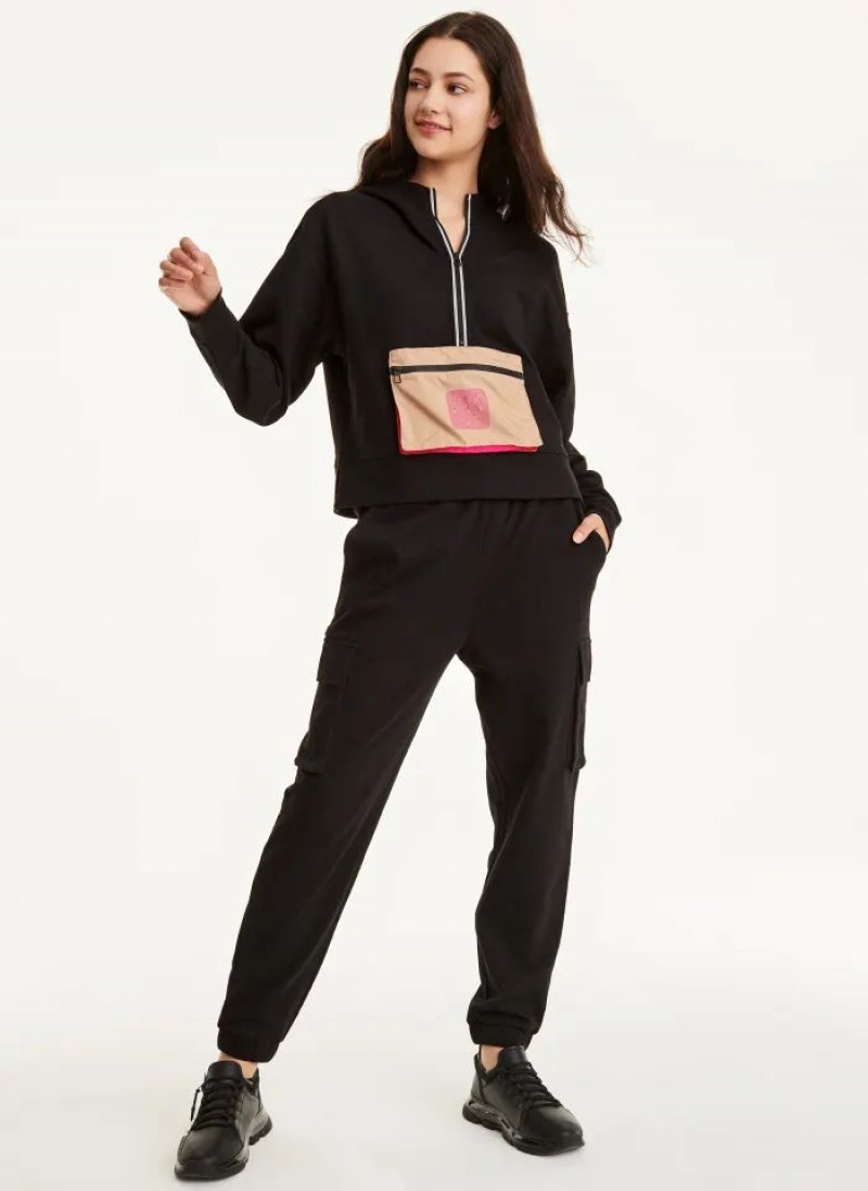 Black DKNY Cotton French Terrywith Bag Kangaroo Pocket Women's Hoodies | USA-D0396