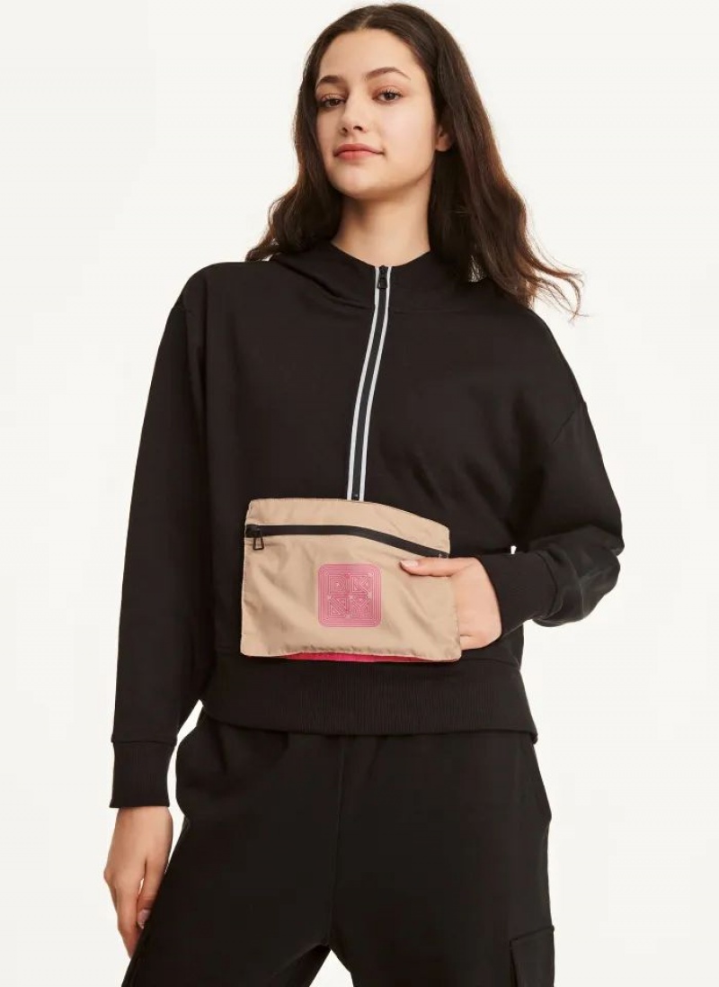 Black DKNY Cotton French Terrywith Bag Kangaroo Pocket Women\'s Hoodies | USA-D0396