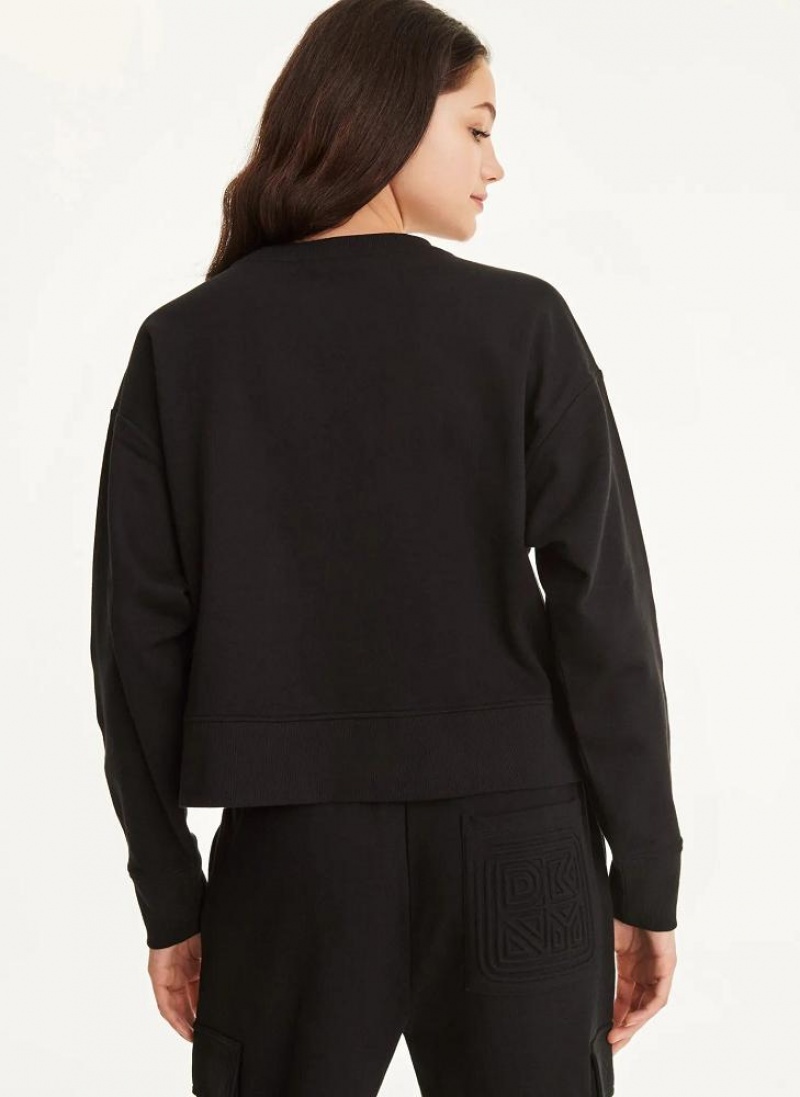 Black DKNY Cotton Jersey Crew With Logo Embossing Women's Sweatshirts | USA-D1033