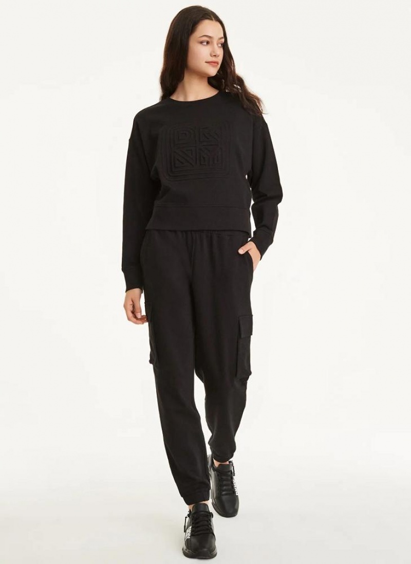 Black DKNY Cotton Jersey Crew With Logo Embossing Women's Sweatshirts | USA-D1033