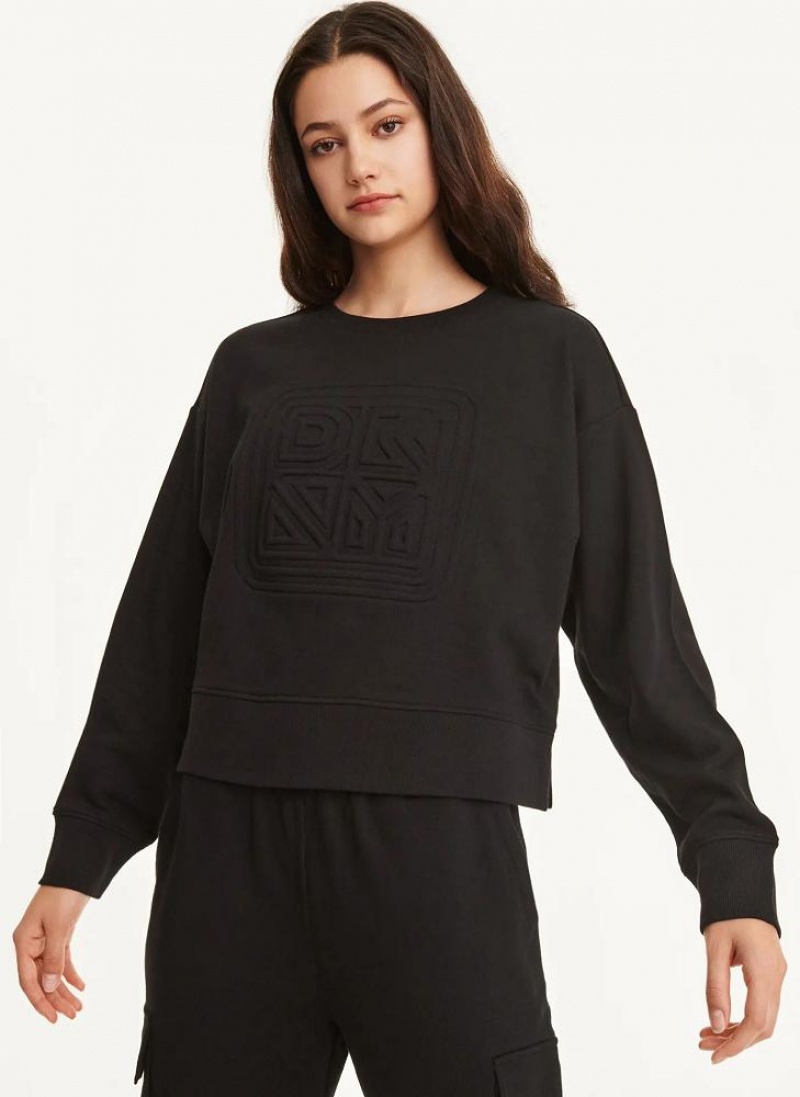 Black DKNY Cotton Jersey Crew With Logo Embossing Women\'s Sweatshirts | USA-D1033