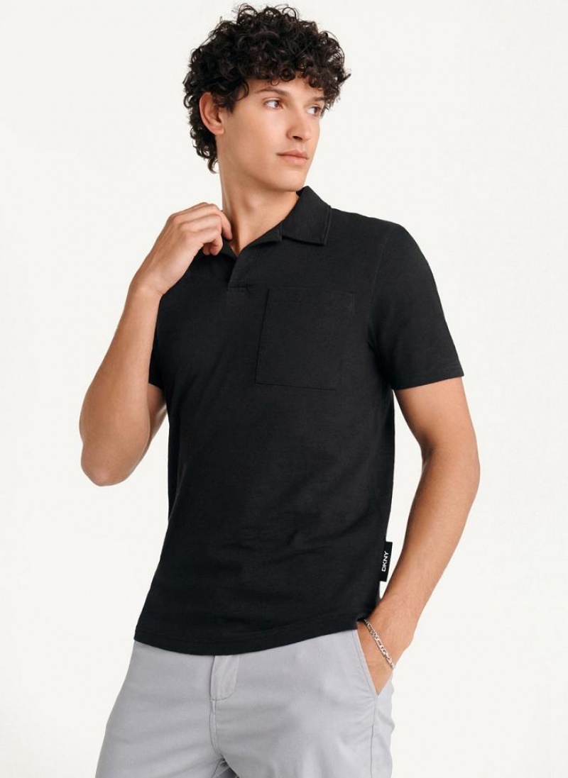 Black DKNY Cotton Slub Jersey Single Breast Men's Polo Shirts | USA-D0427